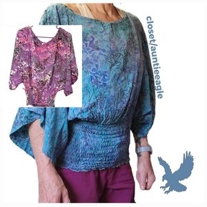 Sky Blue &Pink Mexicali Blues Floral Bohemian Looe Fit Womens Tops Elastic Waist